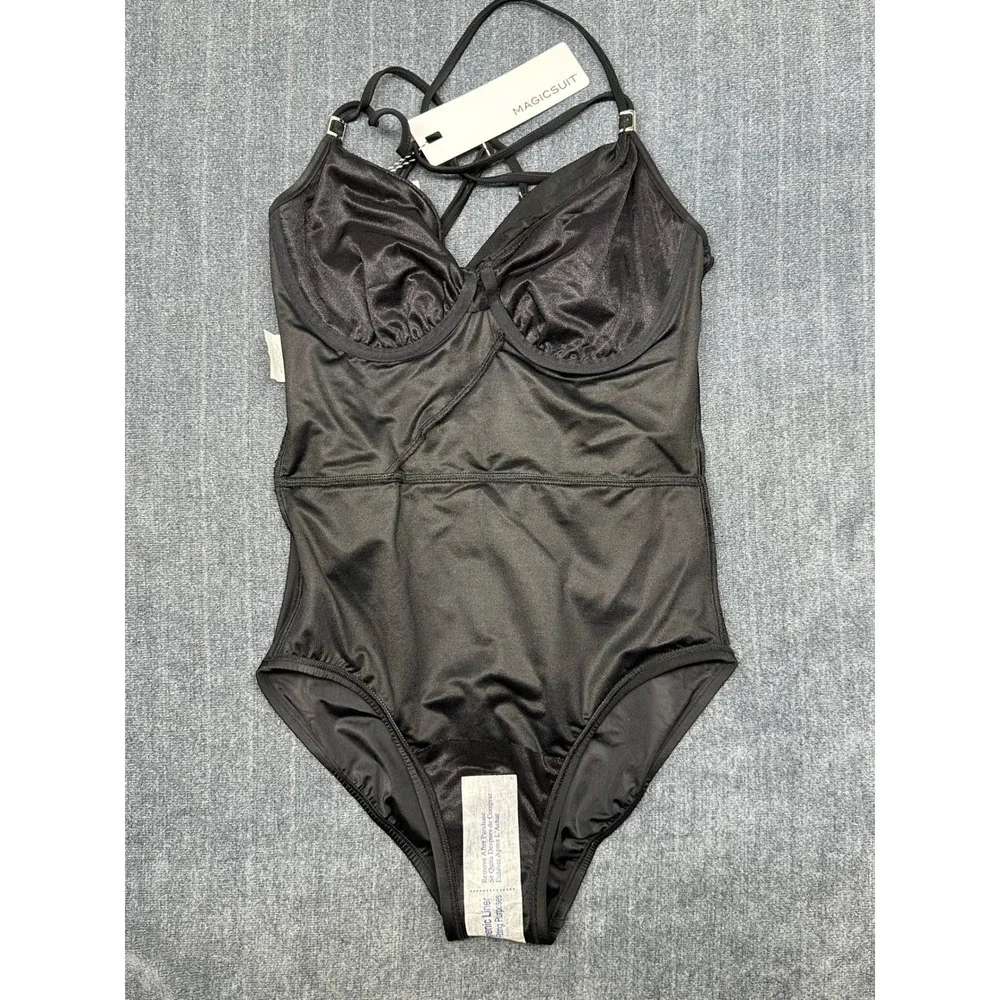 Magicsuit by Miraclesuit Womens Black Wrap Front One Piece Swimsuit Size 8